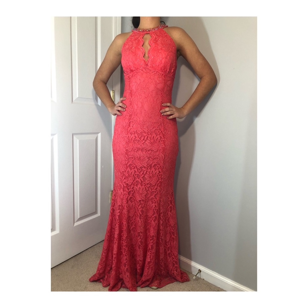 Morgan & Co. coral pink formal event dress